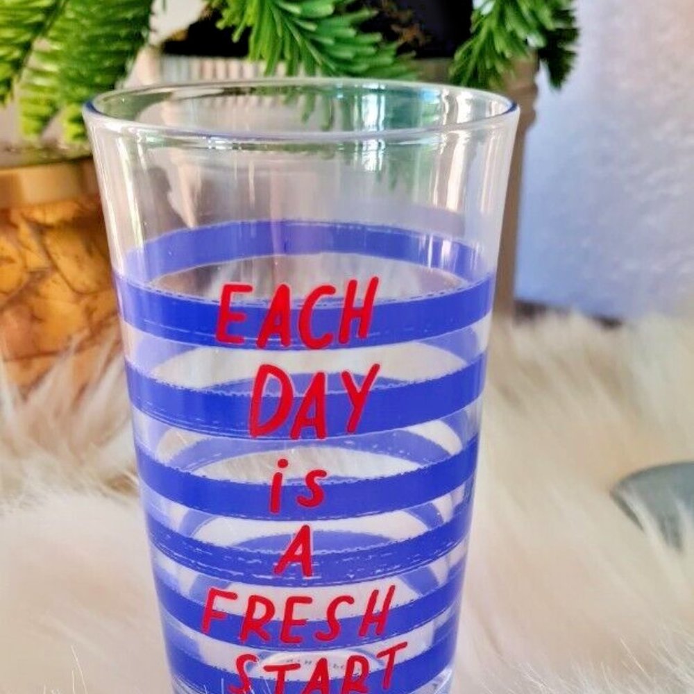 Anthropologie Juice Glass Each Day is a Fresh Start Striped Blue NEW with Tags